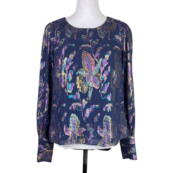 Lilly Pulitzer Lambert Navy Metallic Multicolor Sparkle Long Sleeve Silk Top - Picture 3 of 15